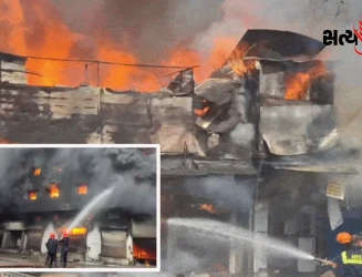 અમદાવાદના કાલુપુર રેવડી બજારમાં ભીષણ આગ: 30થી વધુ દુકાનો ખાખ, ફાયરબ્રિગેડની જંગી કામગીરી