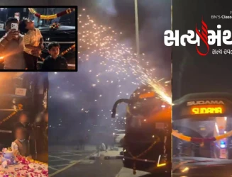 અટલ સરોવર પાસે રસ્તા પર ટ્રાવેલ્સ સંચાલકે વોલ્વો બસ રાખી કેક કાપી ફટાકડા ફોડ્યા